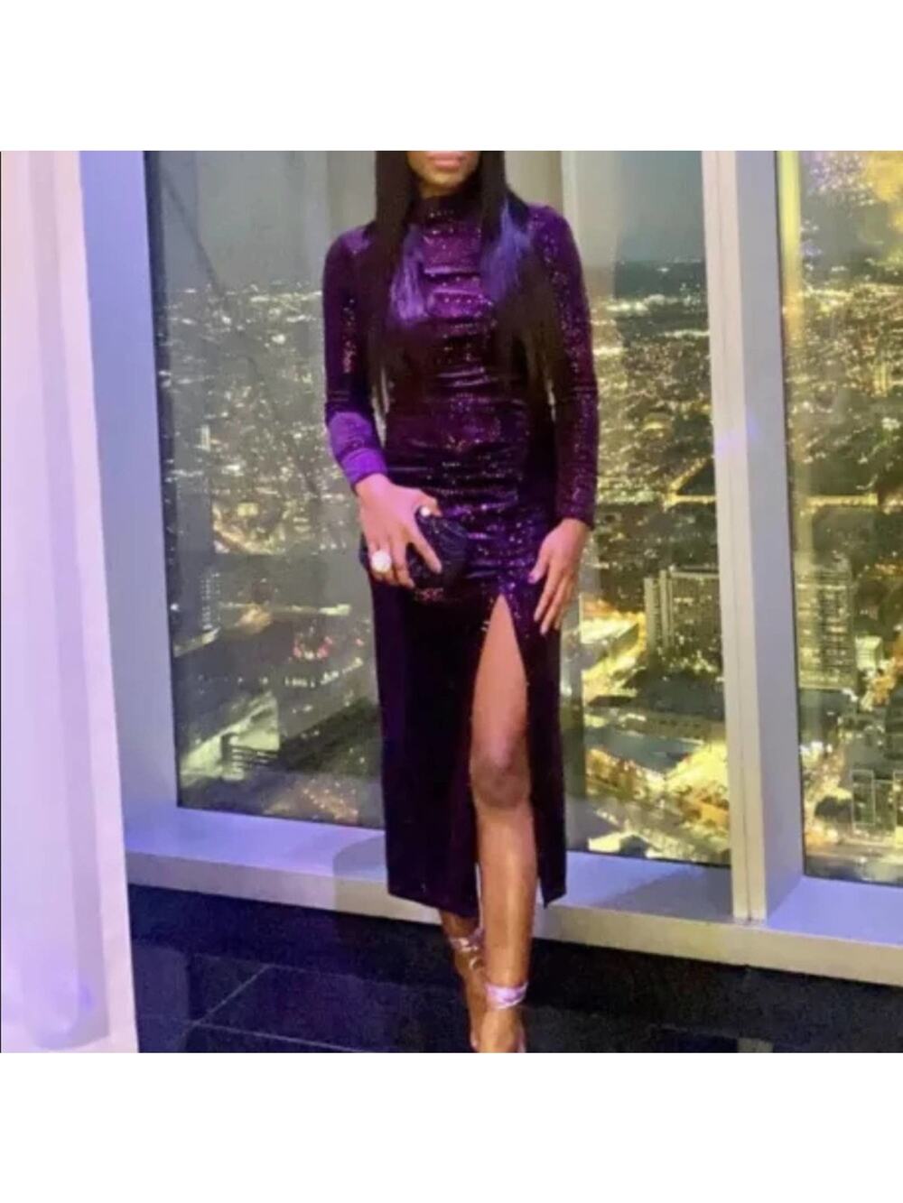 ZARA Purple SEQUIN MIDI DRESS Size Extra Small XS